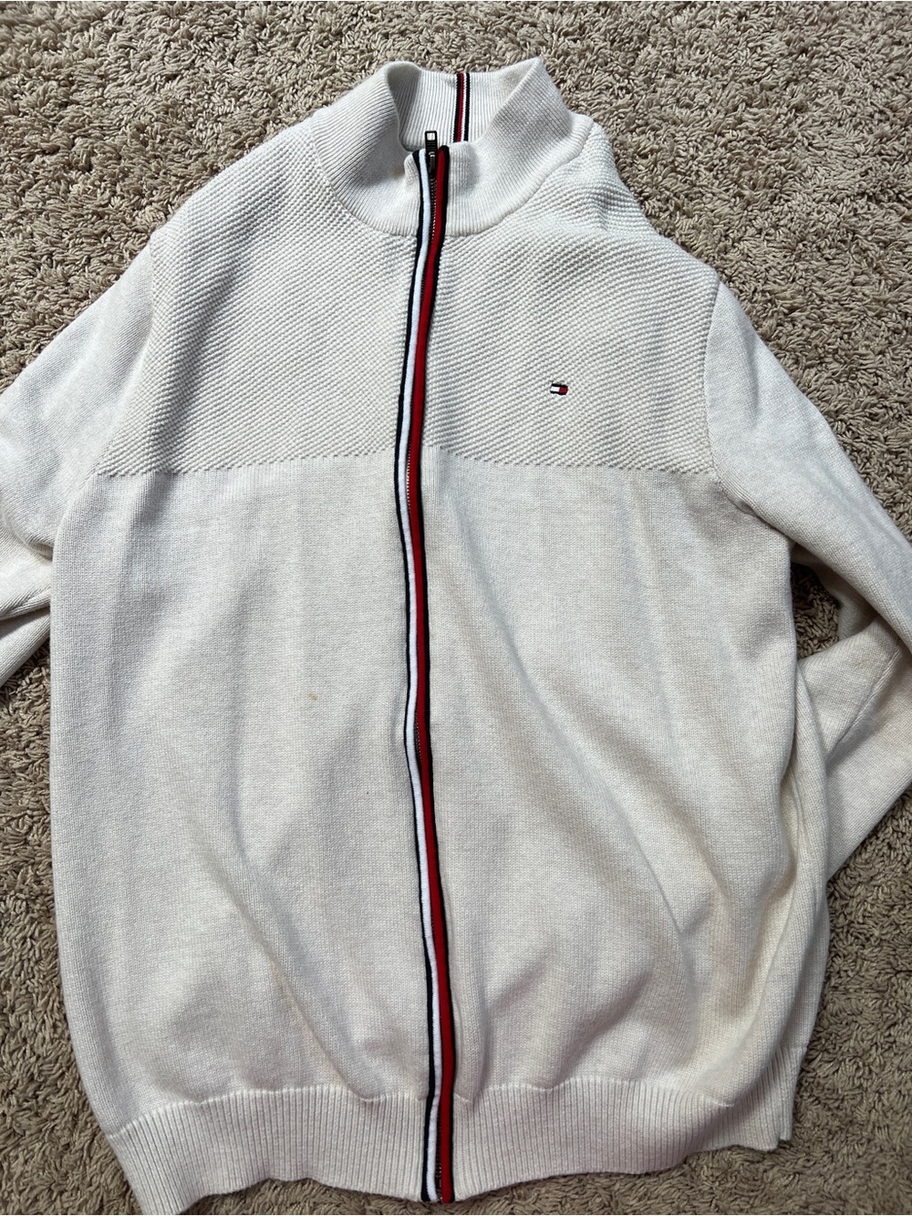 Tommy Hilfiger Men's White Full-Zip Sweater with Red & Navy Trim